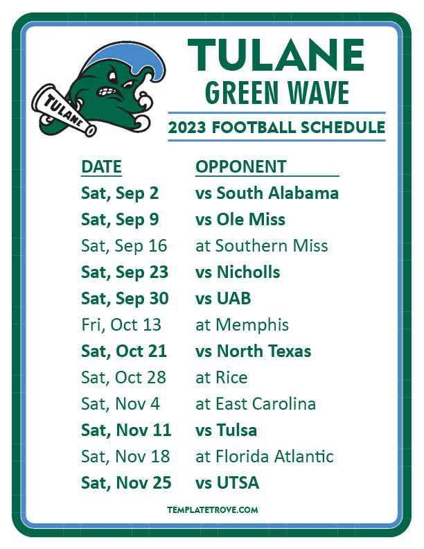 Printable 2023 Tulane Green Wave Football Schedule