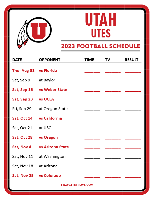 Printable 2023 Utah Utes Football Schedule