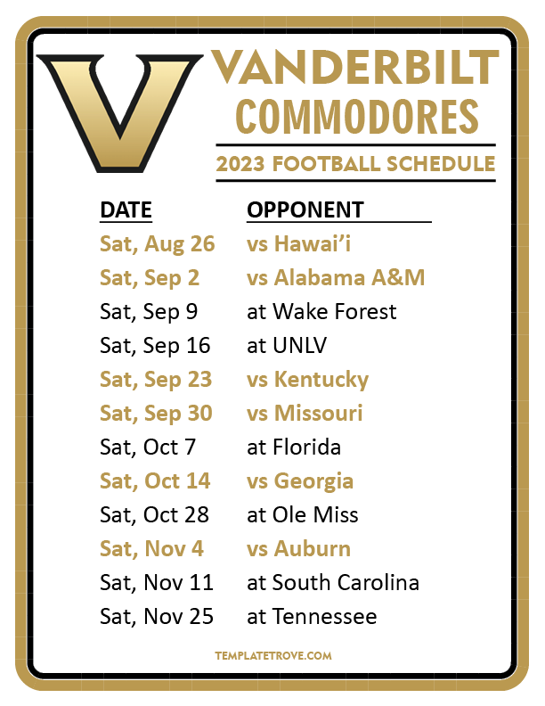 Printable 2023 Vanderbilt Commodores Football Schedule