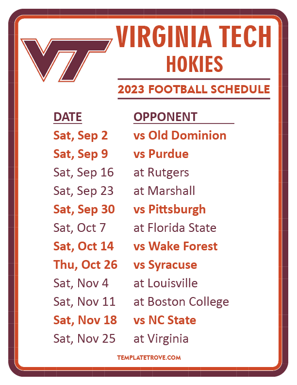 Printable 2023 Virginia Tech Hokies Football Schedule