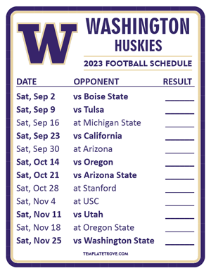 Washington Huskies Football 2023 Printable Schedule  - Style 2
