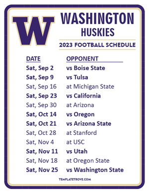 Washington Huskies Football 2023 Printable Schedule