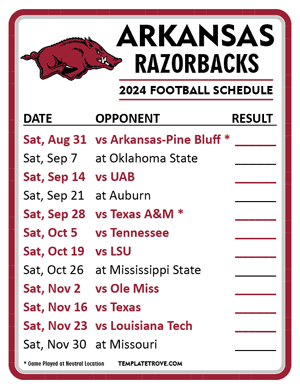 Arkansas Razorbacks Football 2024
 Printable Schedule  - Style 2