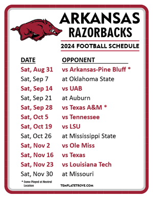 Arkansas Razorbacks Football 2024
 Printable Schedule