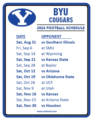 BYU Cougars
 Football 2024
 Printable Schedule