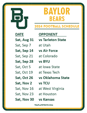 Baylor Bears Football 2024
 Printable Schedule