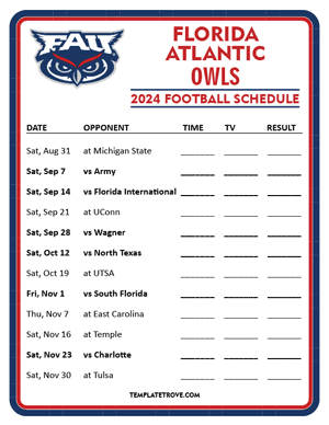 Florida Atlantic Owls

 Football 2024
 Printable Schedule - Style 4