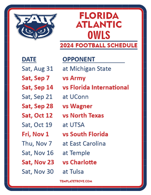 Florida Atlantic Owls

 Football 2024
 Printable Schedule