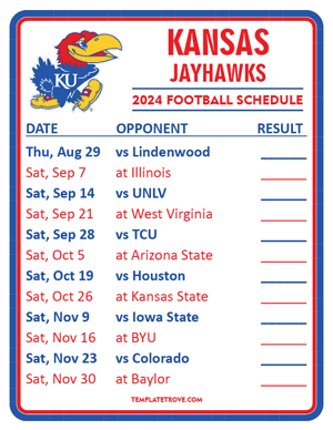 Kansas Jayhawks Football 2024
 Printable Schedule  - Style 2