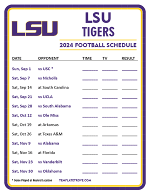 LSU Tigers Football 2024
 Printable Schedule - Style 3