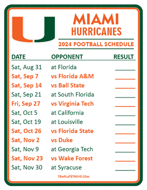 Miami Hurricanes Football 2024
 Printable Schedule  - Style 2