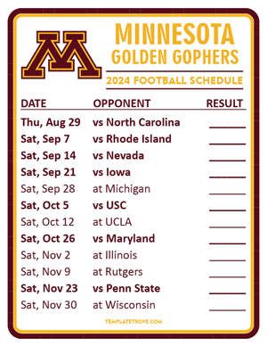 Minnesota Golden Gophers Football 2024
 Printable Schedule  - Style 2