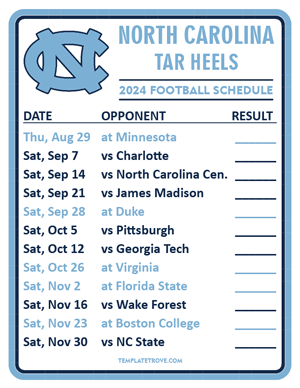 North Carolina Tar Heels Football 2024
 Printable Schedule  - Style 2