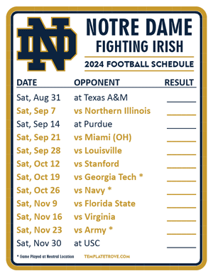 Notre Dame Fighting Irish Football 2024
 Printable Schedule  - Style 2