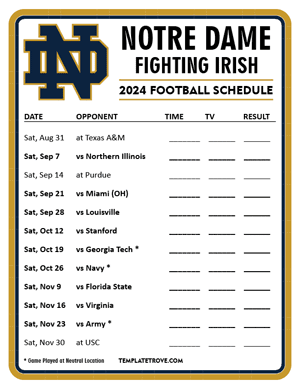 Notre Dame Fighting Irish Football 2024
 Printable Schedule - Style 4