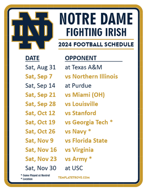 Notre Dame Fighting Irish Football 2024
 Printable Schedule
