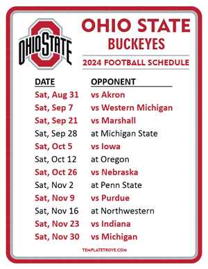Ohio State Buckeyes Football 2024
 Printable Schedule