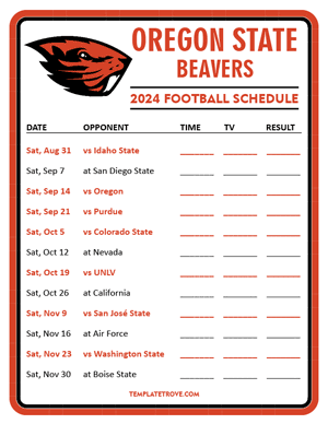 Oregon State Beavers Football 2024
 Printable Schedule - Style 3