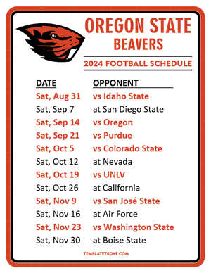 Oregon State Beavers Football 2024
 Printable Schedule