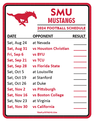 SMU Mustangs Football 2024
 Printable Schedule  - Style 2