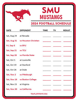 SMU Mustangs Football 2024
 Printable Schedule - Style 3