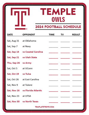 Temple Owls Football 2024
 Printable Schedule - Style 3