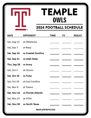 Temple Owls Football 2024
 Printable Schedule - Style 4