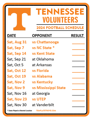 Tennessee Volunteers Football 2024
 Printable Schedule  - Style 2