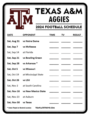 Texas A&M Aggies Football 2024
 Printable Schedule - Style 4