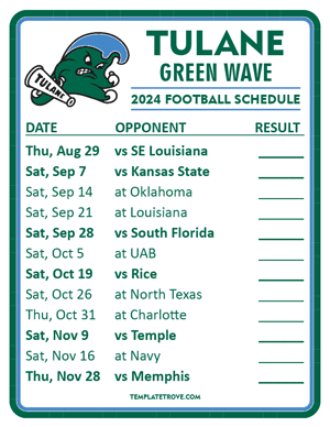 Tulane Green Wave Football 2024
 Printable Schedule  - Style 2