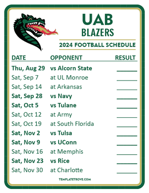 UAB Blazers
 Football 2024
 Printable Schedule  - Style 2