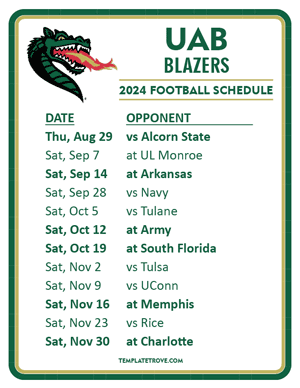 UAB Blazers
 Football 2024
 Printable Schedule