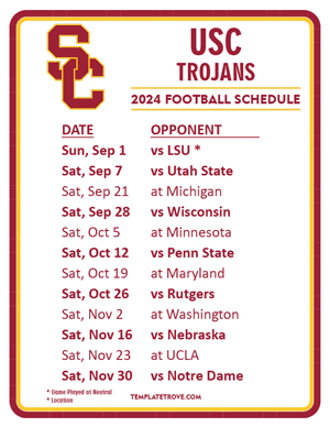 USC Trojans Football 2024
 Printable Schedule