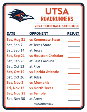 UTSA Roadrunners

 Football 2024
 Printable Schedule  - Style 2