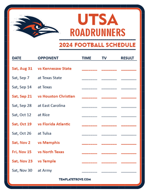 UTSA Roadrunners

 Football 2024
 Printable Schedule - Style 3