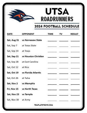 UTSA Roadrunners

 Football 2024
 Printable Schedule - Style 4