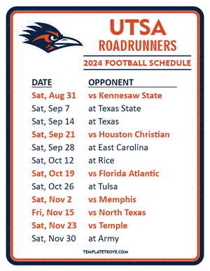 UTSA Roadrunners

 Football 2024
 Printable Schedule