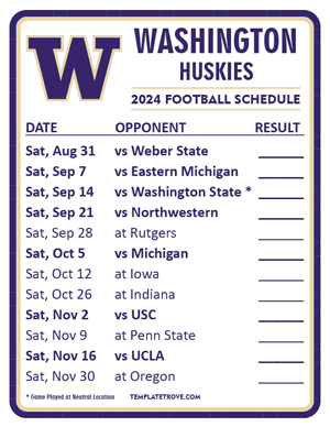 Washington Huskies Football 2024
 Printable Schedule  - Style 2