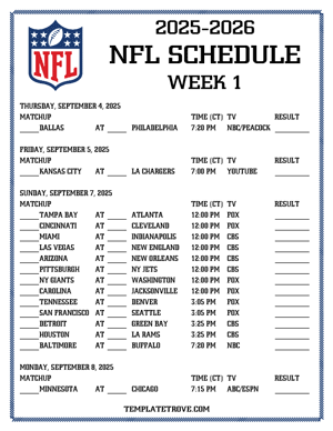 Printable 2025-26 NFL Schedule Week 1 - Central Times