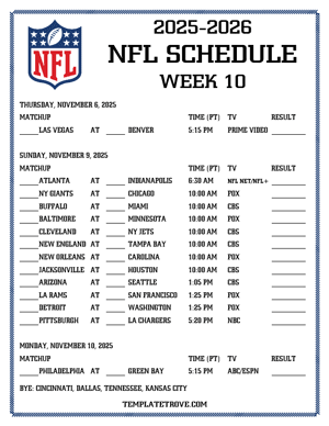 Printable 2025-26 NFL Schedule Week 10 - Pacific Times