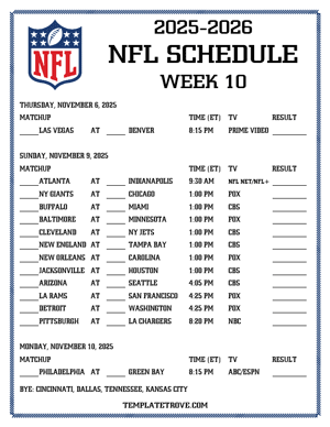 Printable 2025-26 NFL Schedule Week 10