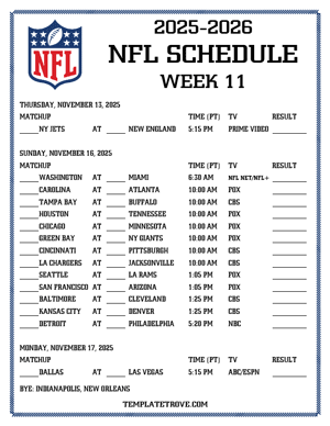 Printable 2025-26 NFL Schedule Week 11 - Pacific Times