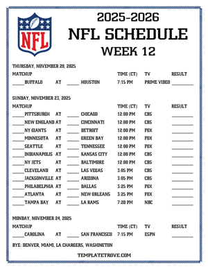 Printable 2025-26 NFL Schedule Week 12 - Central Times