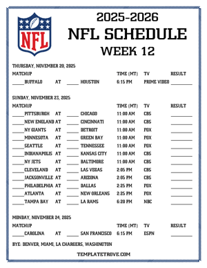 Printable 2025-26 NFL Schedule Week 12 - Mountain Times