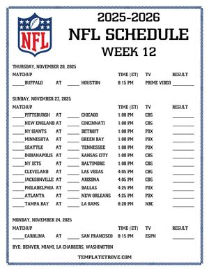 Printable 2025-26 NFL Schedule Week 12