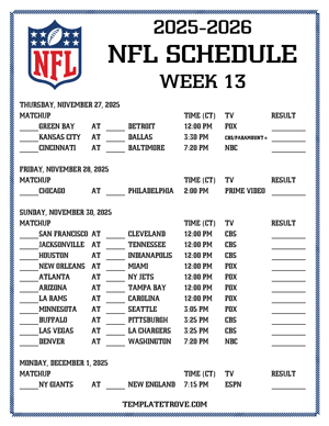 Printable 2025-26 NFL Schedule Week 13 - Central Times