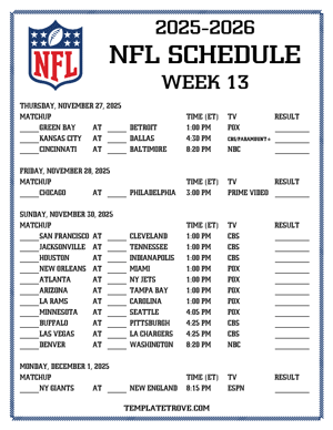 Printable 2025-26 NFL Schedule Week 13
