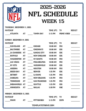 Printable 2025-26 NFL Schedule Week 15 - Pacific Times