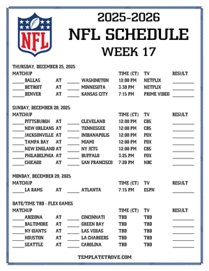 Printable 2025-26 NFL Schedule Week 17 - Central Times