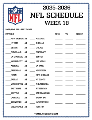 Printable 2025-26 NFL Schedule Week 18